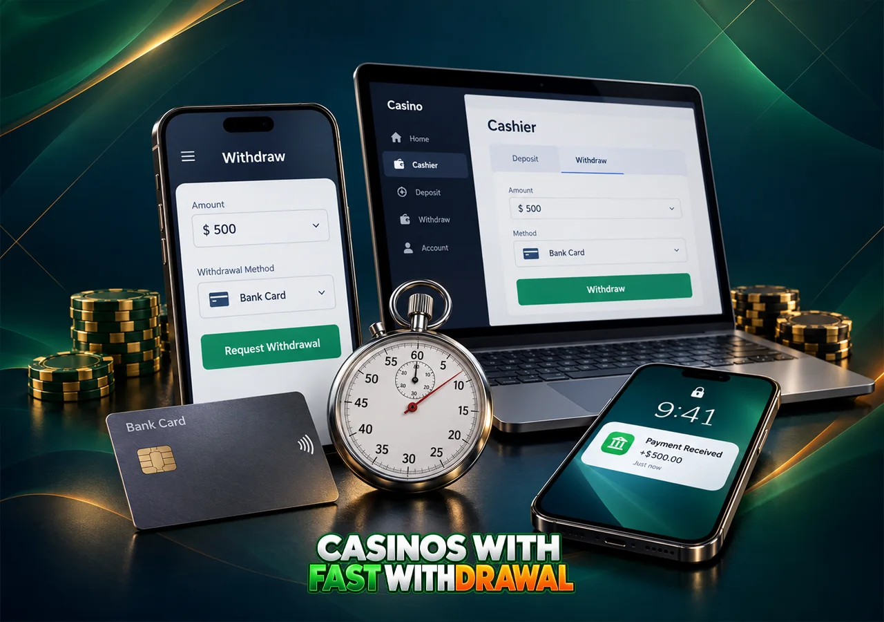 Withdrawal screens, a ticking clock and cash frame a payout check